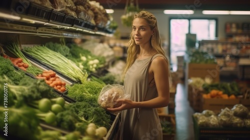 Woman in zero waste shop shopping for farm grown vegetables, picking ripe green onions. Client in plastic free local grocery shop using decomposable photo