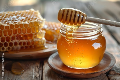 Rustic scene of fresh honey dripping from dipper into a glass jar, with honeycomb pieces on the side