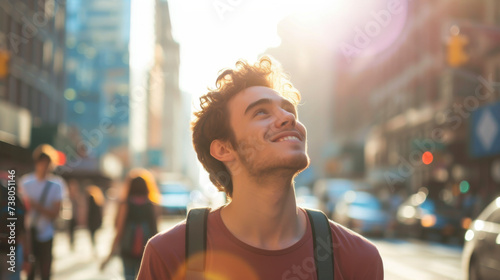 A happy young caucasian man looking up at the sky alone in a busy city, sun shining 