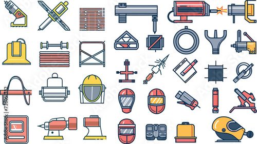 Welding services flat line icons. Rolled metal products, steelwork, stainless steel laser cutting, fabrication, safety equipment