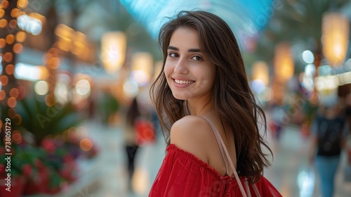 A beautiful young woman in red dress with a bright shopping bag stands and looks smiling at the camera
