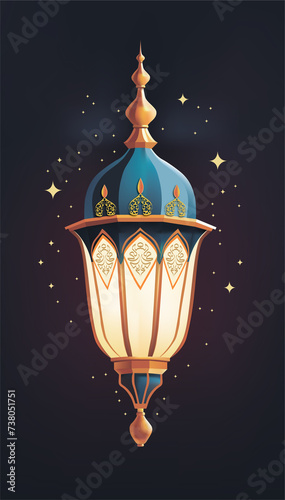 oriental carved lamp against the background of the night starry sky. Night of al-Qadr. Illustration on the theme of Ramadan. High detailed realistic illustration.