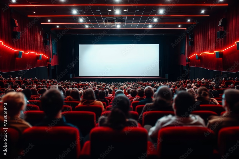 A large audience sits in a cinema with red seats, focused on a blank white screen waiting for the movie to start A large audience sits in a cinema with red seats, focused on a blank white screen waiting for the movie to start