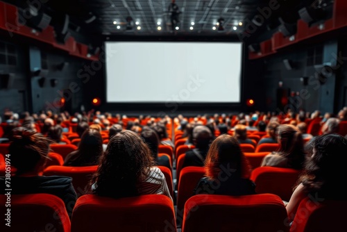 The theater is filled with viewers looking at an empty projection screen, set in a vivid red decorated cinema hall