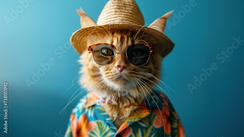 A ginger fluffy cat in a Hawaiian shirt  a straw hat and sunglasses stands and looks at the camera