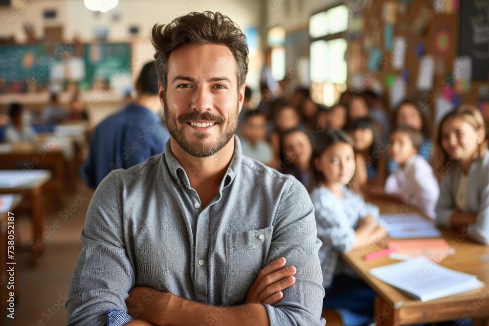Handsome teacher in a classroom with diverse students, portraying a positive and friendly educational environment Handsome teacher in a classroom with diverse students, portraying a positive and friendly educational environment