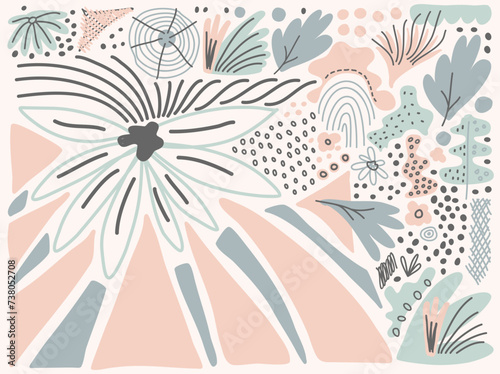 Abstract trendy creative universal pattern, magazine collage style, Hand drawn hatchings design, sketch, manual art, neutral palette. Vector illustration.