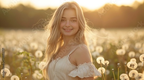 A beautiful young girl in a light linen sundress and long blond hair runs through a field of dandelions and smiles