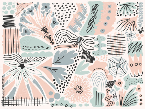 Abstract trendy creative universal pattern, magazine collage style, Hand drawn hatchings design, sketch, manual art, neutral palette. Vector illustration.