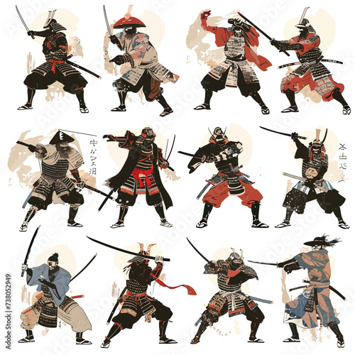 Set Woodblock Print of Samurai Warrior