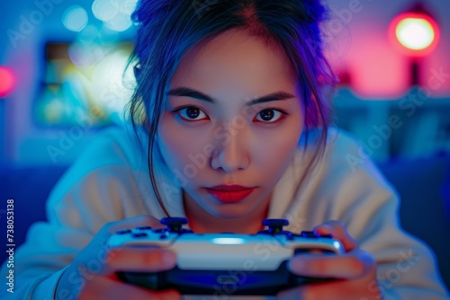 Young woman intensely concentrating on a video game with a controller in a room with neon lighting