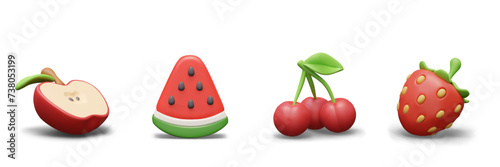 Appetizing fruit and berry icons set. 3D half of apple, slice of watermelon, cherries, strawberries