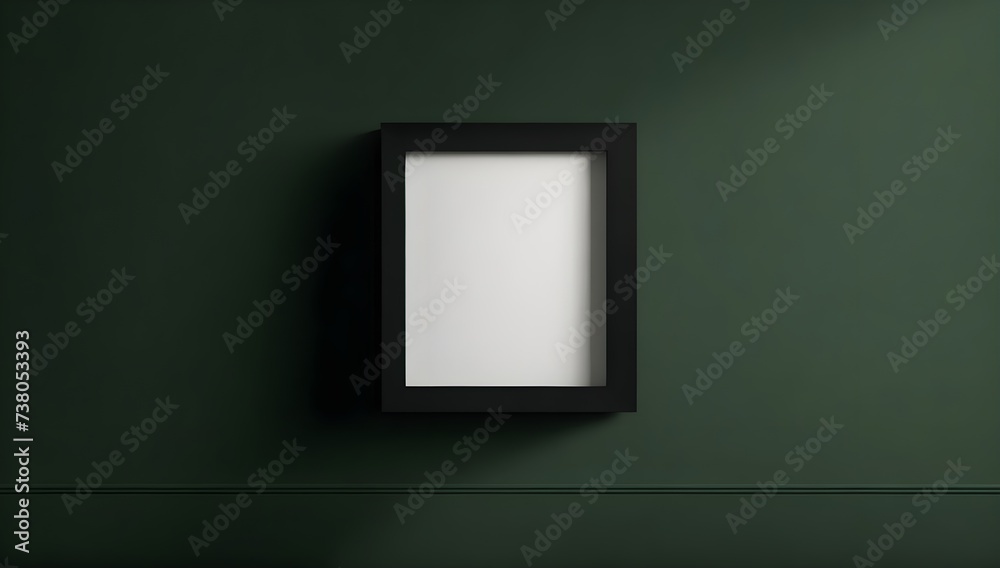 Empty Black Wooden Frame Hanging on Green Wall. Minimalistic Frame with Copy Space for Mockup Presentations in Interior Design and Art Gallery Concept. Empty Black Wooden Frame Hanging on Green Wall. Minimalistic Frame with Copy Space for Mockup Presentations in Interior Design and Art Gallery Concept.