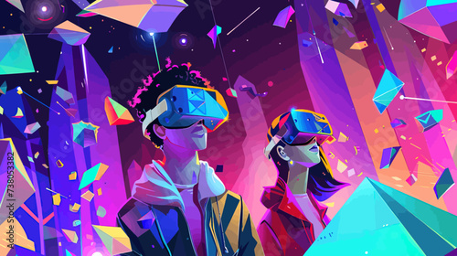 Couple Of Young Man and Woman Using Virtual Reality Glasses in Virtual Reality World Concept