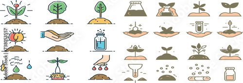 Soil testing flat line icons set. Agriculture, planting vector illustrations, hands holding ground with spring, plant fertilizer photo