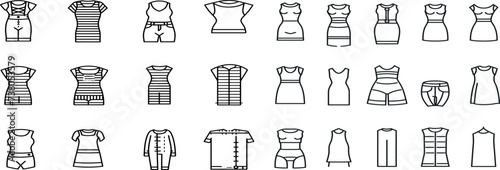 Clothes size flat line icons set. Body measurement waist circumference, hip, chest, sleeve length, height vector illustrations