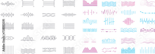 Sound waves flat line icons set. Vibration, soundwave, audio voice signal, abstract waveform frequency vector illustrations