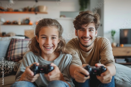 Siblings share a fun moment while playing video games in their cozy living room