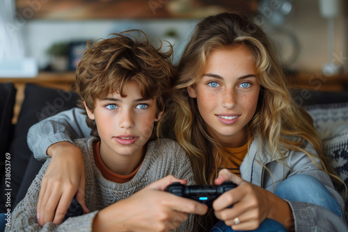 Attractive teenagers with striking blue eyes immersed in exciting video game play