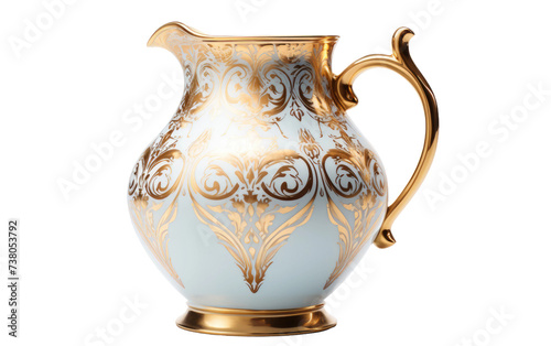 White and Gold Vase on Table. A white and gold vase is seen sitting on top of a table.