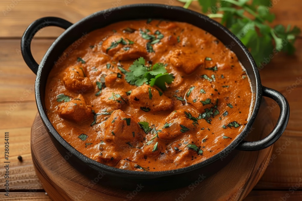 Warm, spiced chicken tikka masala garnished with fresh herbs in rustic cookware and setting