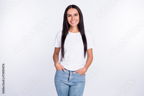 Photo portrait of woman smiling wearing white t-shirt jeans isolated on white color background