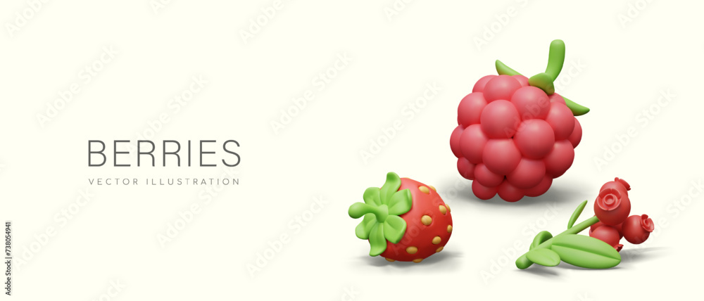 Vector background with realistic red berries. Strawberry, raspberry, cranberry