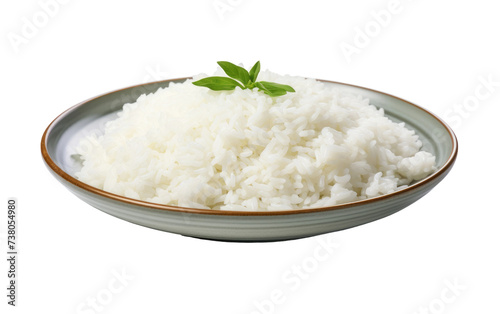 Bowl of Rice With a Sprig of Green Leaves. A bowl filled with white rice, topped with a sprig of fresh green leaves.