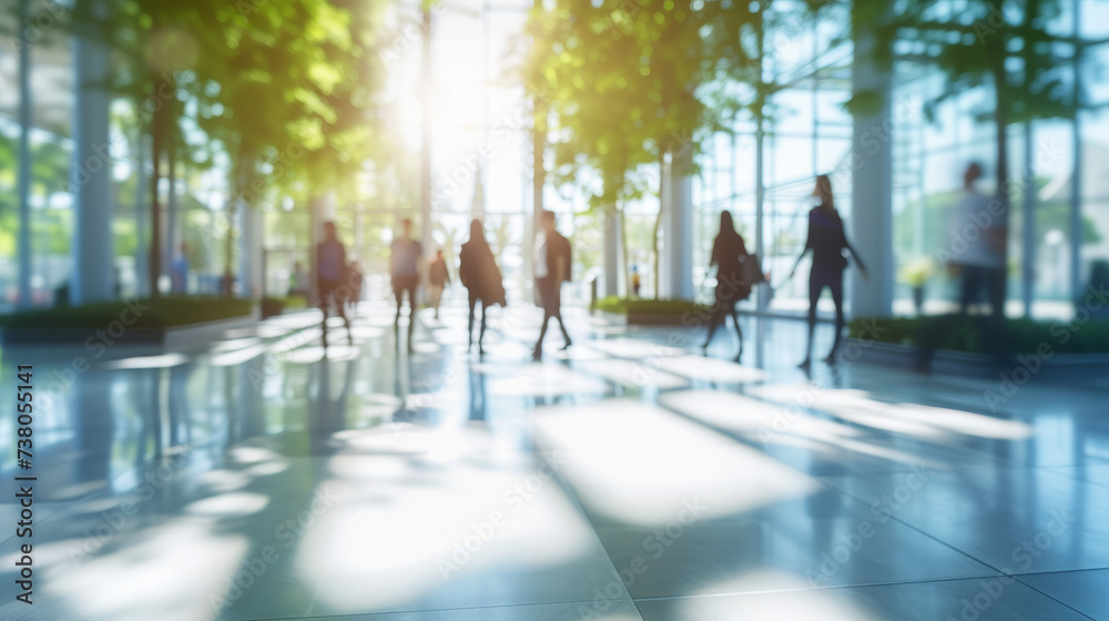 Blurred background of people walking in a modern office building with green trees and sunlight , eco friendly and ecological responsible business concept image with copy space  - obrazy, fototapety, plakaty 