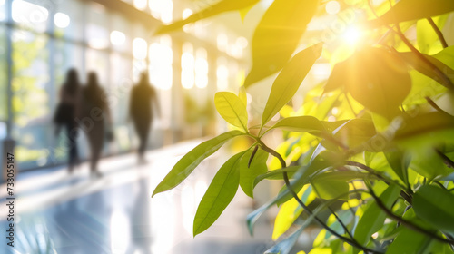 Blurred background of people walking in a modern office building with green trees and sunlight , eco friendly and ecological responsible business concept image with copy space  photo