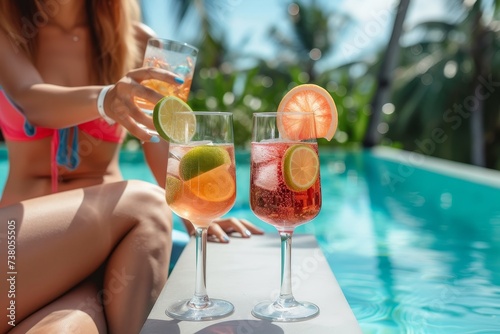 Two refreshing cocktails with fruit garnishments on pool edge, woman in bikini background sipping drink photo