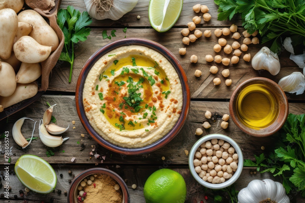 Top view of a homemade hummus surrounded by the ingredients for cooking and seasoning the dipping sauce 
