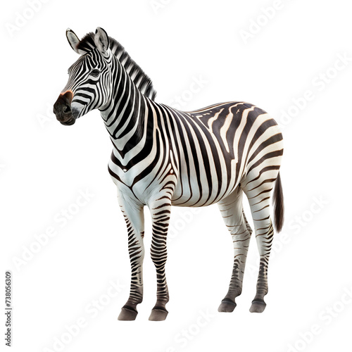 Portrait of a zebra full body, standing, isolated on transparent background 