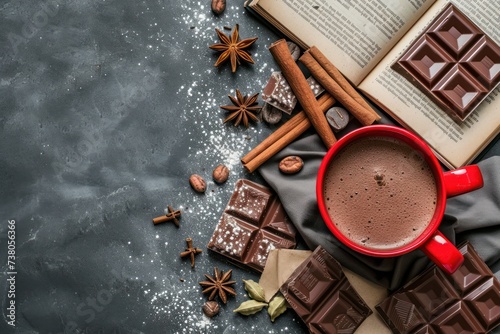 Top view of a red cup filled with a chocolate drink beside an opened cookbook with copy space 