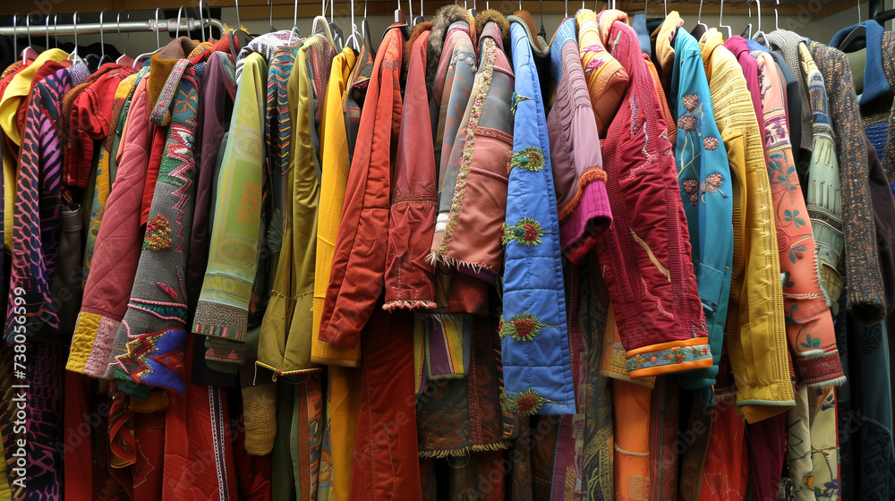 patchwork clothing. rails of clothes on a hanger. handmade. recycling of materials, environmental friendliness.