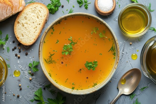 Top view of a vegetable broth surrounded by a silver spoon, a bread, olive oil, salt and a pepper shaker. 