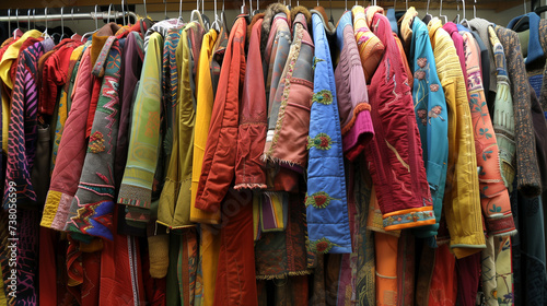 patchwork clothing. rails of clothes on a hanger. handmade. recycling of materials, environmental friendliness.