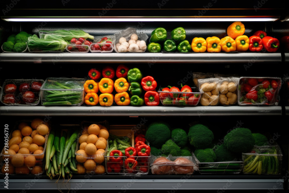 Various fruits and vegetables on the shelves in a supermarket