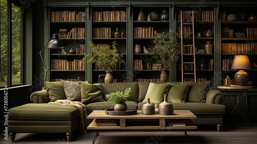 Olive Green and Tan Home Library