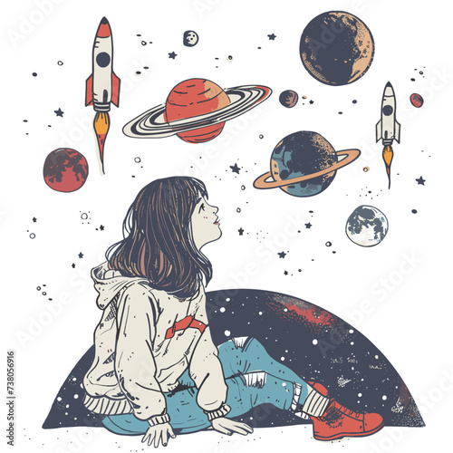 Girl in space next to planets and rocket