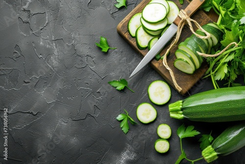 top view of a wooden cutting board with a kitchen knife and a chopped zucchini on top  photo