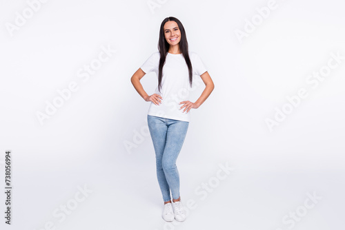 Full length body size photo happy smiling girl in casual t-shirt jeans isolated on white color background