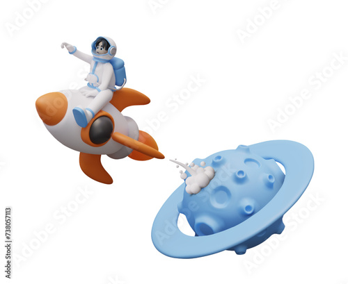 Male character in space suit is flying in space. Astronaut takes off on rocket from blue planet