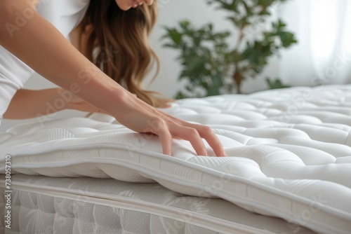 A person is seen pushing their hand into a plush, white mattress to gauge the softness and quality for improved sleep