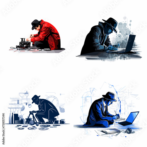 Digital Forensics (Investigator Analyzing Digital Evidence) simple minimalist isolated in white background vector illustration