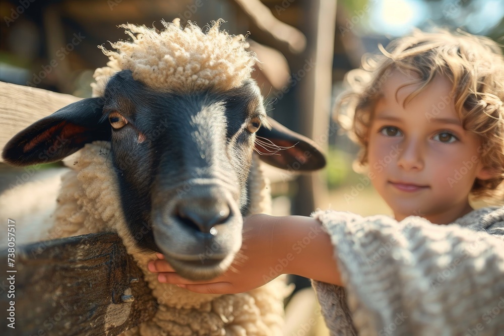 Young child petting a sheep in a farm setting, depicting a tranquil and friendly interaction between people and animals Young child petting a sheep in a farm setting, depicting a tranquil and friendly interaction between people and animals