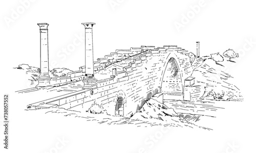 Cendere bridge illustration. Pencil drawing of the Cendere bridge in Adıyaman Türkiye.
