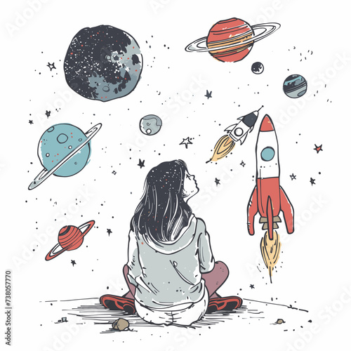 Girl in space next to planets and rocket