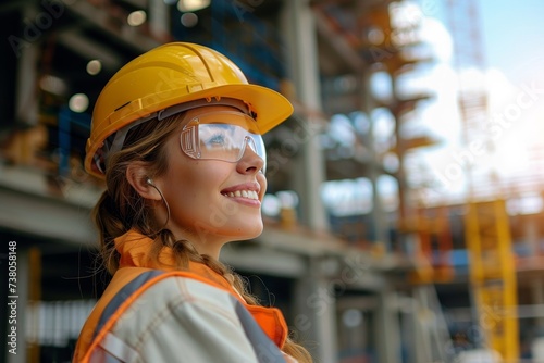 A female construction worker gazes thoughtfully at a bustling construction site, embodying progress and development