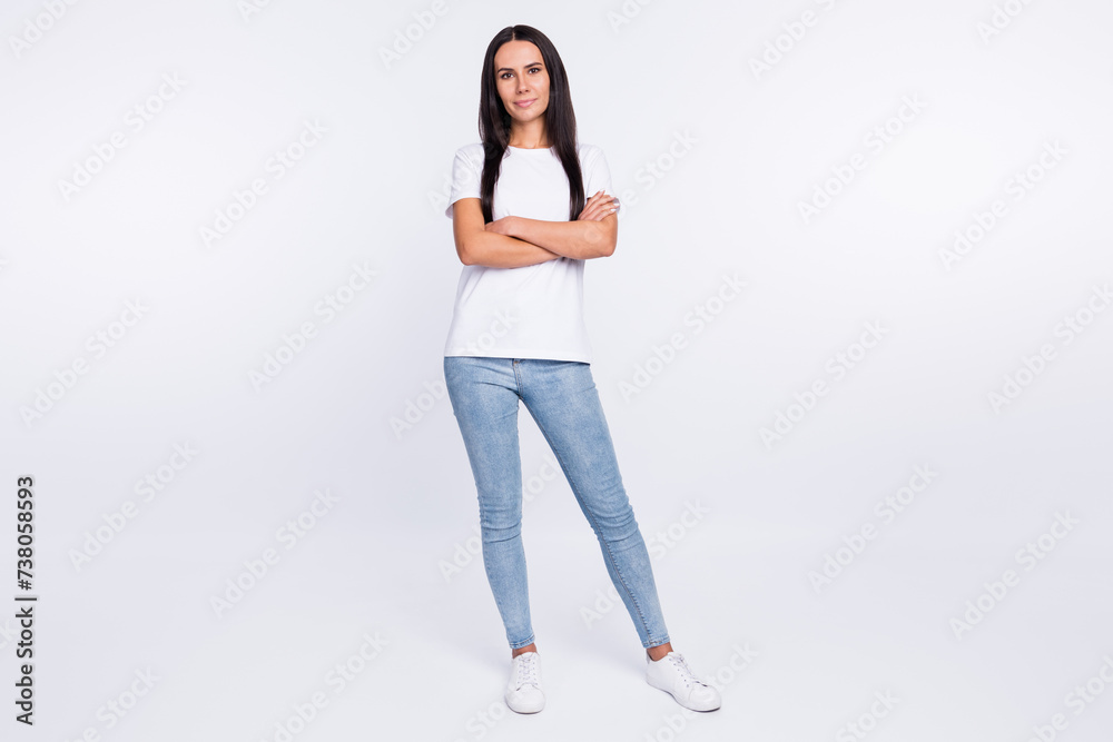 Full length body size photo girl with crossed hands in casual clothes isolated on white color background Full length body size photo girl with crossed hands in casual clothes isolated on white color background